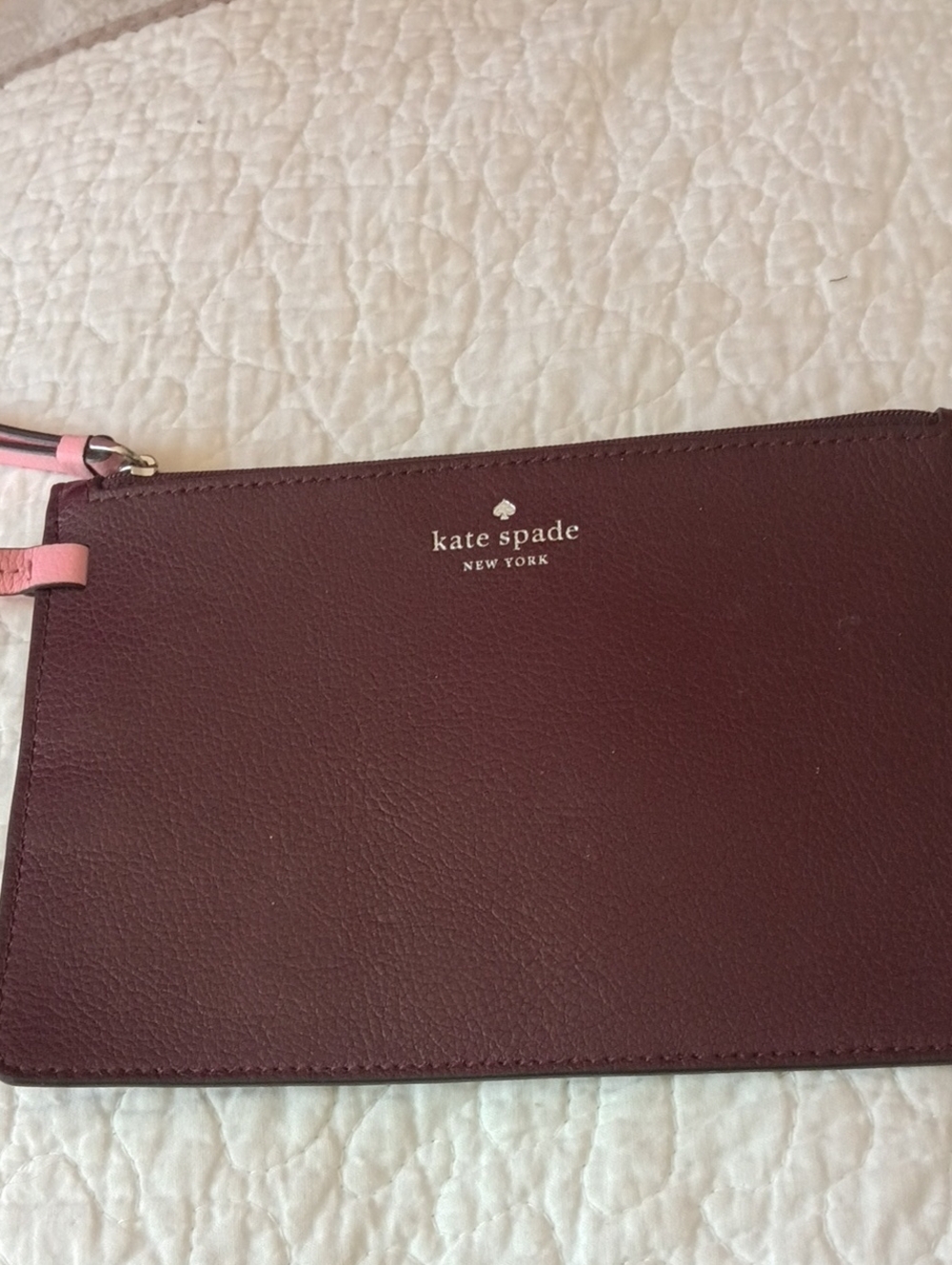 KATE SPADE Plum Leather Wristlet with Pink Strap, Zips, 8 x 5 Inches